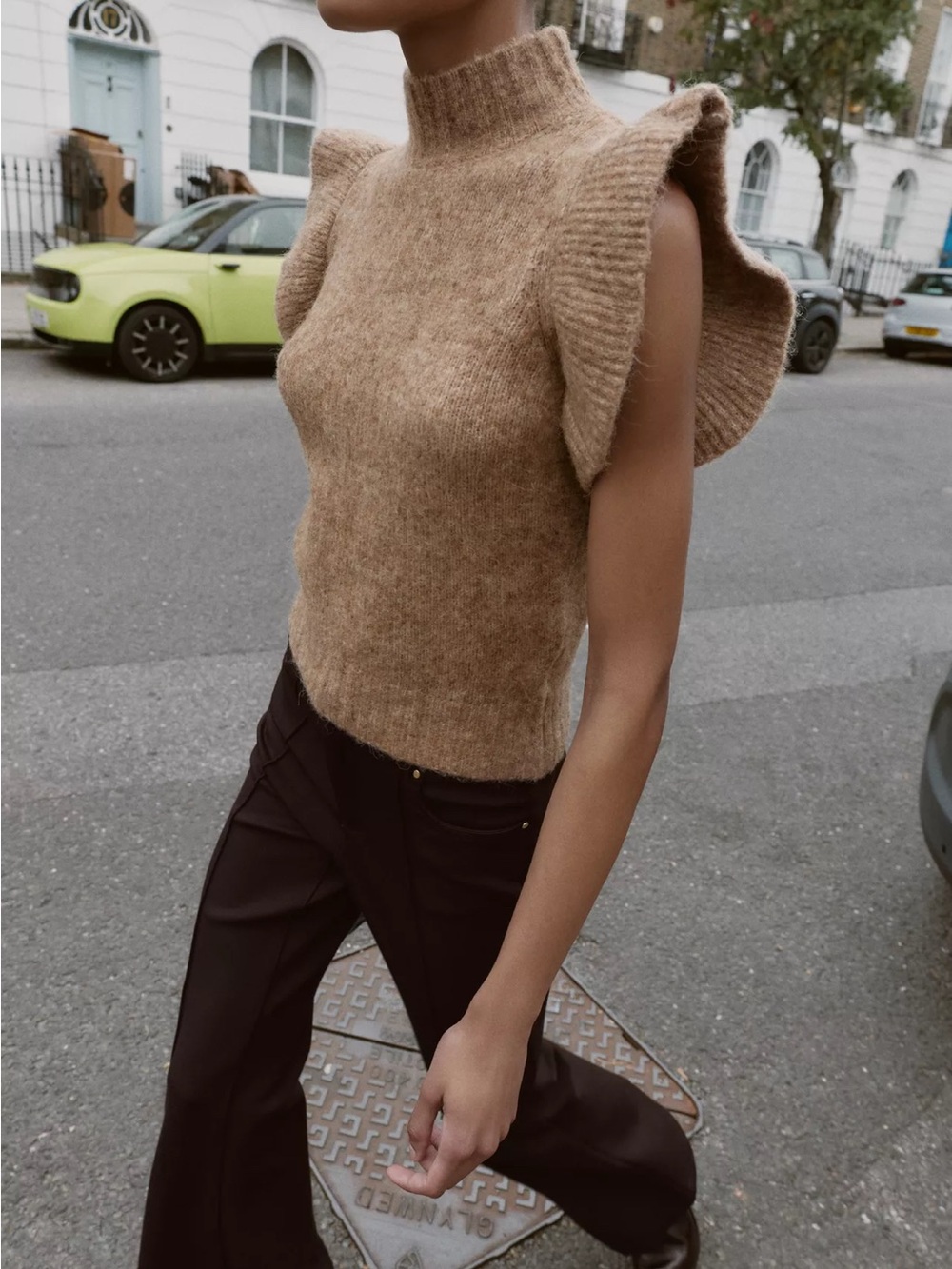 Zara Camel Ruffle Sleeve Mock Neck Knit Top - Picture 2 of 5